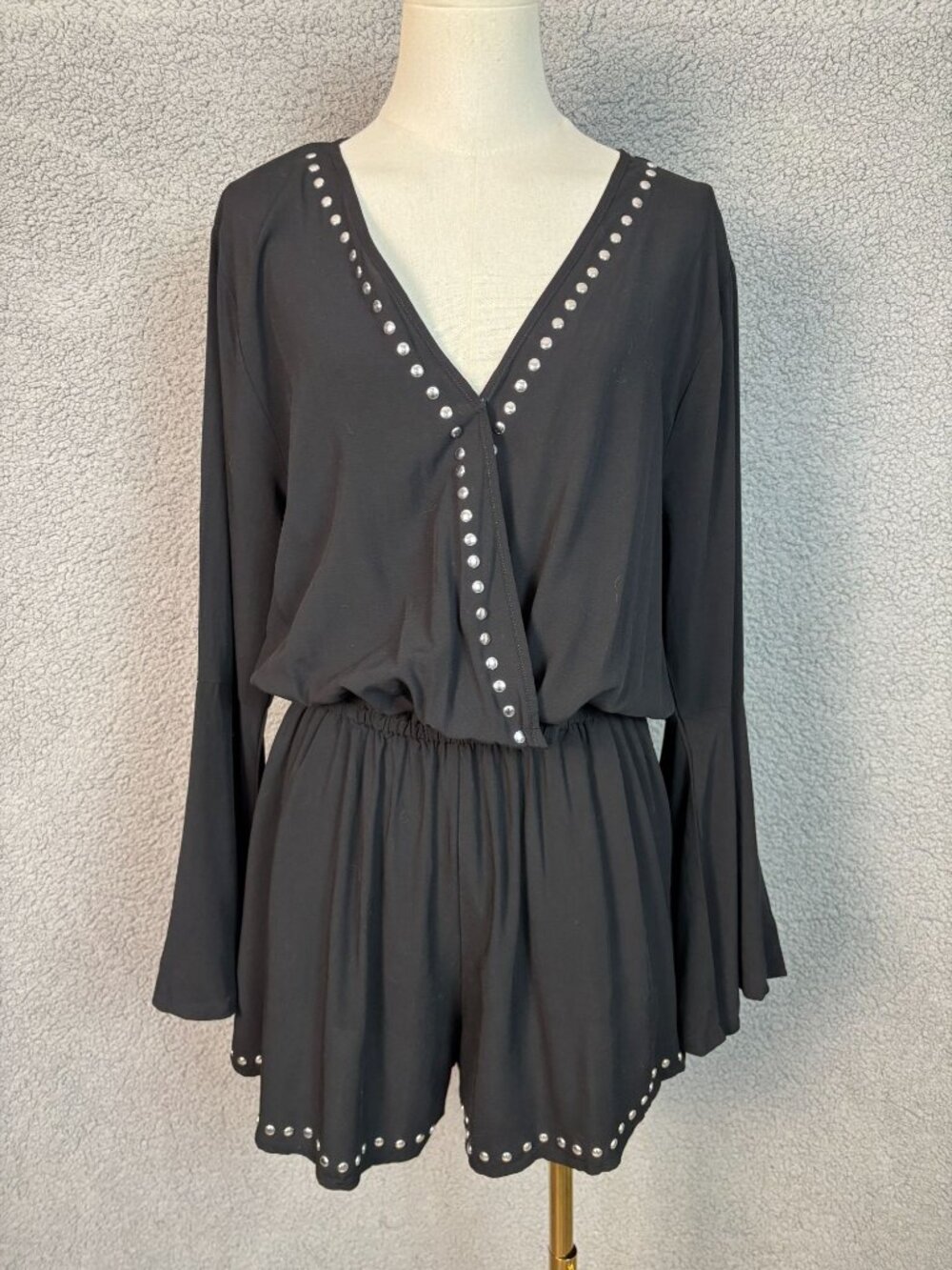 Bar III Black-Silver Studs Long Sleeve Romper Flared Sleeves Elastic Waist M NWT